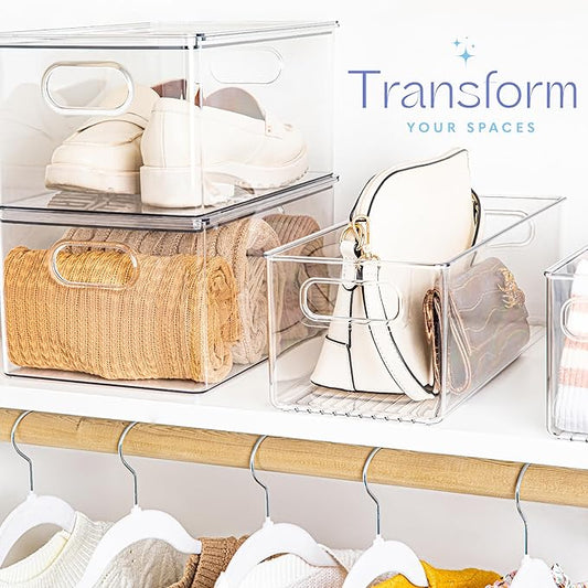 primebox Plastic Food Storage 6 Pack Clear Container Bin with Handles for Organizing Kitchen, Pantry, Fridge, Freezer, Pantry, Bathroom. 14"x6"5"
