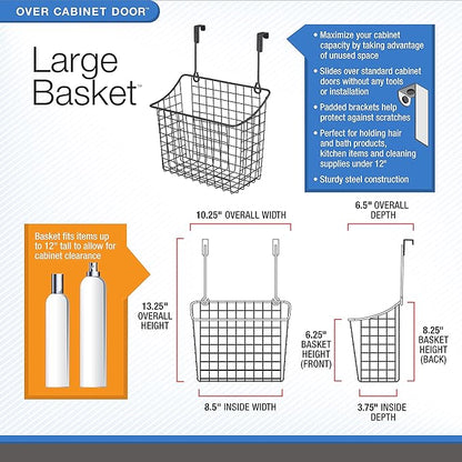 Spectrum Hanging Baskets for Organizing (Large, Satin Nickel) - Grid Over the Cabinet Wire Basket for Kitchen or Bathroom - Door Hanging Storage Organizer for Cleaning Supplies, Washcloths, & Towels