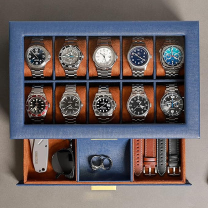 ROTHWELL 10-Slot Watch Box in Leather with Valet Drawer, Luxury Watch Case Display Organizer with Ultra Soft Microsuede Liner, Jewelry and Sunglass Holder With Large Glass top (Blue/Tan)