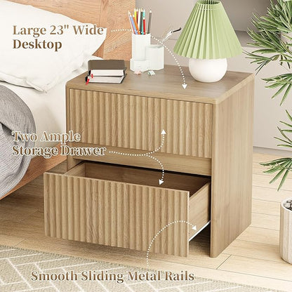 HOCAT Fluted Nightstand, 23" Wood Bedside Table with 2 Storage Drawers, Oak Modern Night Stand for Bedroom, Office, Oak