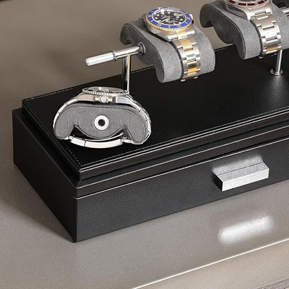 ROTHWELL Luxury Watch Display Case for 4 Watches – Leather Watch Box with Acrylic Cover and Removable Slide in Cushions – Accessory Drawer with Multiple Configurations (Black/Grey)