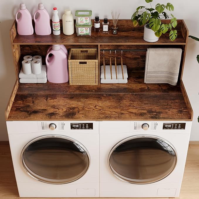 2-Tier Washer Dryer Countertop with Clothes Rail，Laundry Topper with Edge and Non-Slip Pad for Washer and Dryer Laundry Hamper Counter Storage Organization (Rustic Brown, Full)