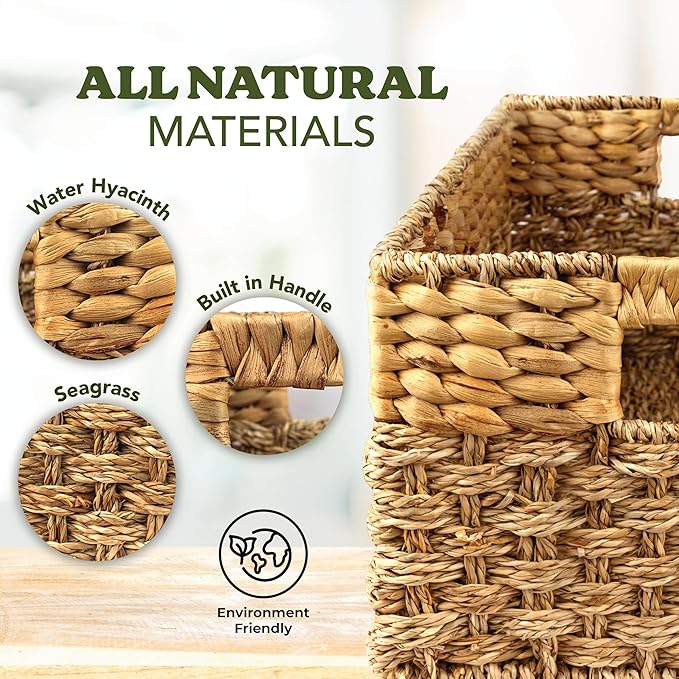 Medium Wicker Basket for Storage, Natural, Seagrass and Hyacinth Woven Baskets for Décor with Built-In Handles, Rectangular, Shelf Organizing for Bedroom, Pantry - Medium Size - 15.5x9.5x6.5 in