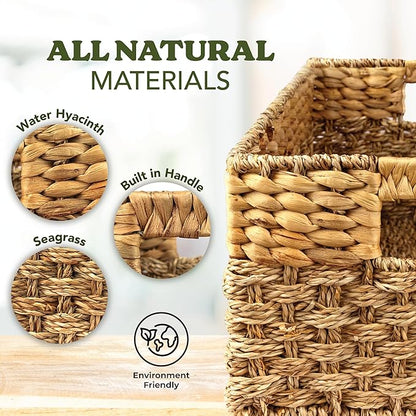 Medium Wicker Basket for Storage, Natural, Seagrass and Hyacinth Woven Baskets for Décor with Built-In Handles, Rectangular, Shelf Organizing for Bedroom, Pantry - Medium Size - 15.5x9.5x6.5 in