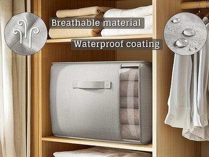 Vailando Large Canvas Comforter Storage Bags Closet Organizer for Clothes Sweater Clothes Organizer with Dual Zipper Three Carrying Handles for Blanket Closet Storage Container, 2 Pack, Grey