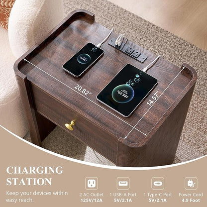IFGET 23.6" Tall Modern Nightstand with Charging Station, 22" Wide Curved Bedside Table with 1 Storage Drawer, Wooden Night Stand, Large End Table for Bedroom, Living Room, Brown