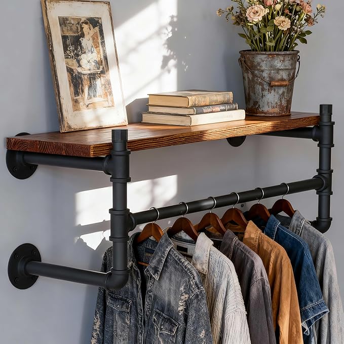WEBI Wall Mounted Clothes Rack with Shelf,27" Industrial Pipe Clothing Rack with Shelf with Hanging Rod,Heavy Duty Iron Garment Rack Bar,Retail Display Clothes Rod for Laundry Room,Closet,Black