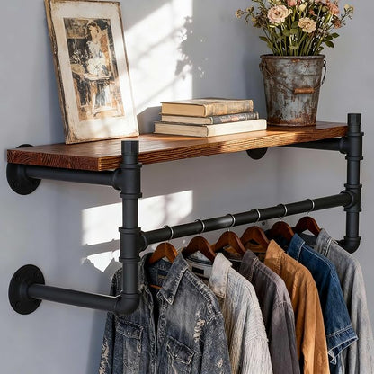 WEBI Wall Mounted Clothes Rack with Shelf,27" Industrial Pipe Clothing Rack with Shelf with Hanging Rod,Heavy Duty Iron Garment Rack Bar,Retail Display Clothes Rod for Laundry Room,Closet,Black