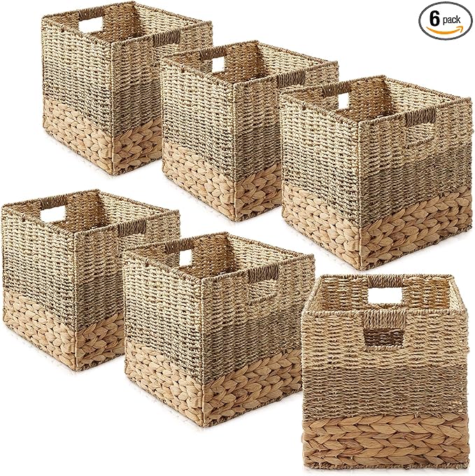 Casafield 10.5" x 10.5" Mixed Weave Storage Baskets, Natural - Set of 6 Woven Hyacinth Seagrass Wicker Storage Cube Bins for Bathroom, Bedroom, Laundry, Pantry, Shelves