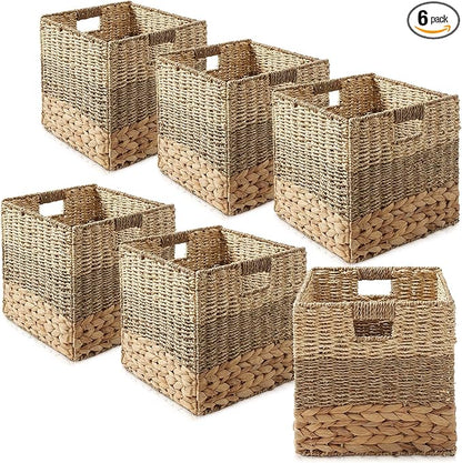 Casafield 10.5" x 10.5" Mixed Weave Storage Baskets, Natural - Set of 6 Woven Hyacinth Seagrass Wicker Storage Cube Bins for Bathroom, Bedroom, Laundry, Pantry, Shelves