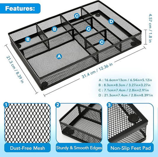Desk Drawer Organizer Tray,Drawer Organizer for Office and Home,Desk Organizer with Drawers,7 Compartments,Non-Slip Desk Organizers (Black, 12.3" L x 8.3" W x 1.8" H)