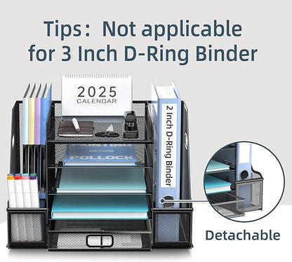 SUPEASY Mesh Desk Organizer with File Holder, 5-Tier Paper Letter Tray Organizer with Magazine Holder, Desktop Organizer and Storage with Drawer for Office Supplies Home or School (Black)