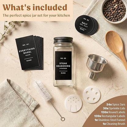 Glass Spice Jars with Label and Black Aluminum Lids (24 x 4oz) Spice Containers with 240 Labels, Shaker Inserts, Steel Funnel, Empty Square Seasoning Organizer (Black Aluminum Lid)