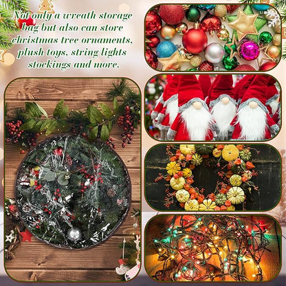 4 Pack Wreath Storage Container, 24 Inch Christmas Wreath Storage Box with Clear Window and Handles Upgrade Oxford Cloth Garland Bags with Dual Zipper for Xmas Wrapping, Brown