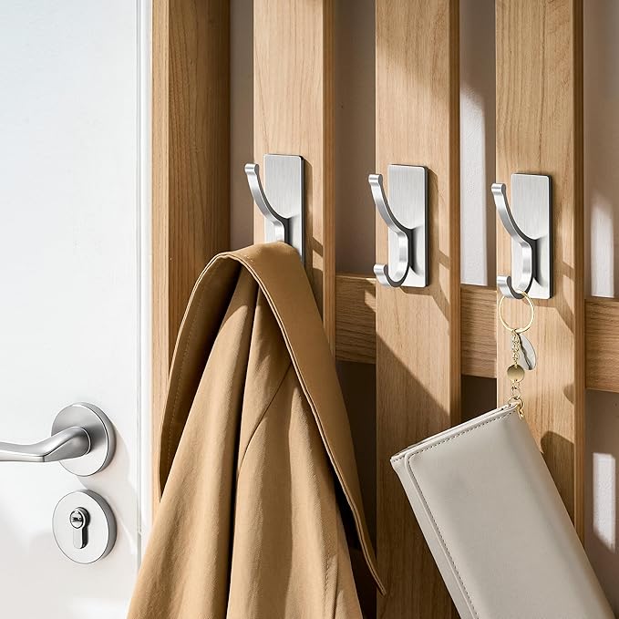 pickpiff Adhesive Wall Hooks with Strip - No Residue, Easy to Remove, Strong Heavy Duty Sticky Towel Hook, 4 Pack Silver