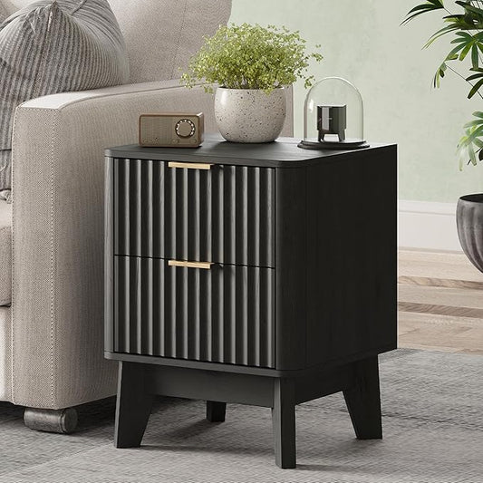 TROJM Fluted Nightstand,Modern End Table with Metal Handle,2 Storage Drawers Side Table,Bedside Table for Bedroom,Wood Nightstands,Curved Profile Design Furnitue,Black