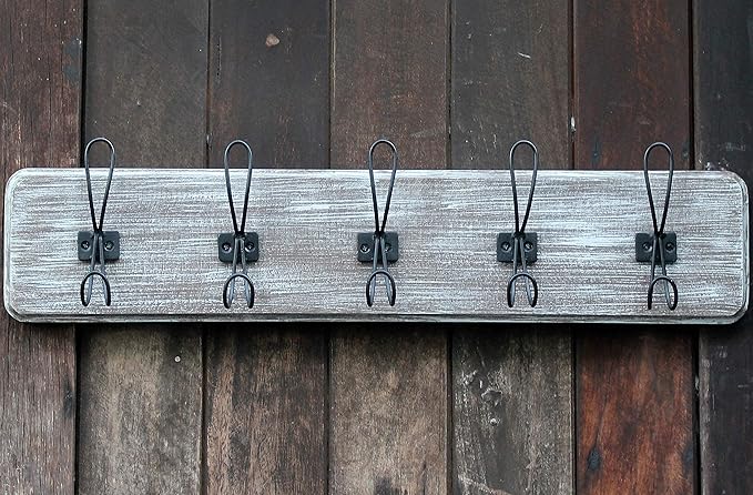 Wooden Coat Hanger Wall Mount Rack, 5 Hanger Hooks, 24” for Entryway, Kitchen, Bedroom, Bathroom, Decorative Rustic Farmhouse Design, Antique Whitewash, Black Hooks