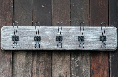 Wooden Coat Hanger Wall Mount Rack, 5 Hanger Hooks, 24” for Entryway, Kitchen, Bedroom, Bathroom, Decorative Rustic Farmhouse Design, Antique Whitewash, Black Hooks