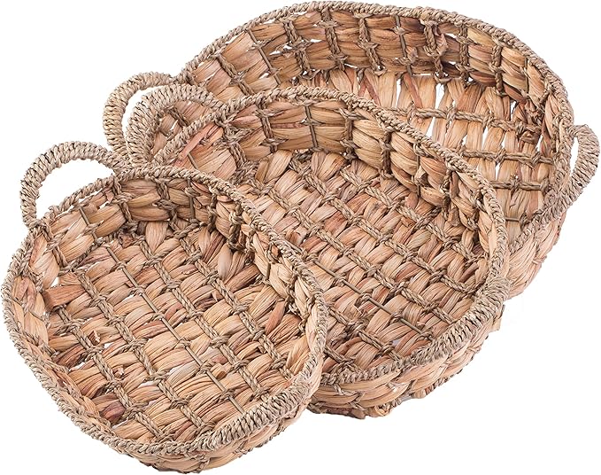 Seagrass Rattan Tray Set of 3 – Round and Rectangular Wicker Shallow Baskets with Handles, Decorative Bread, Fruit, Storage Trays
