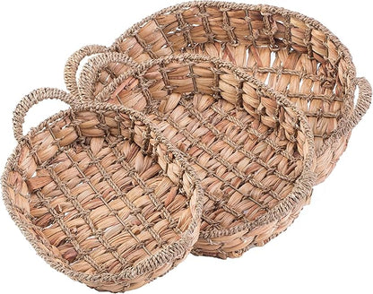 Seagrass Rattan Tray Set of 3 – Round and Rectangular Wicker Shallow Baskets with Handles, Decorative Bread, Fruit, Storage Trays