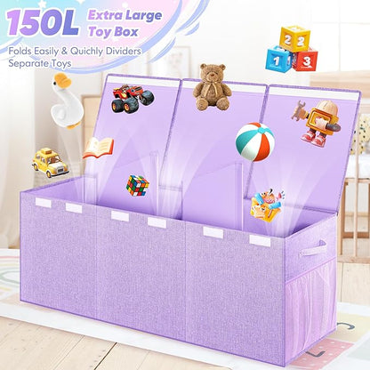 Extra Large Toy Box, Toy Chest for Kids Boys Girls, Collapsible Sturdy Storage Organizer with Mesh Pockets, 40"x14"x16" Kids Box Bins Baskets for Nursery, Playroom, Purple