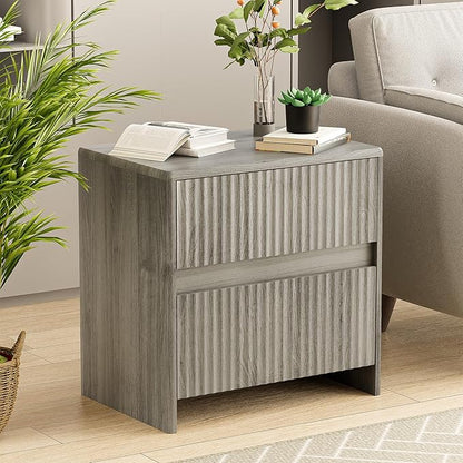 HOCAT Fluted Nightstand, 23" Wood Bedside Table with 2 Storage Drawers, Modern Night Stand for Bedroom, Office, Grey