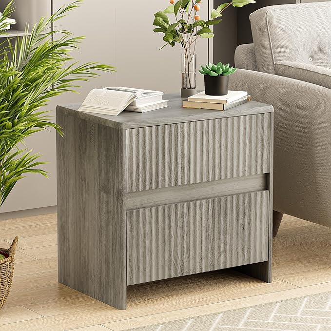 HOCAT Fleuted Nightstand Set of 2, 23" Wood Bedside Table with 2 Storage Drawers, Modern Night Stand for Bedroom, Office, Grey