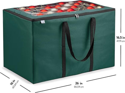 ZOBER Christmas Ornament Storage Box - Stores 200 3" Ornaments with Individual Trays - Tear Proof 600D Oxford Fabric - ornament organizer storage box, Durable Christmas Containers Holder - Green