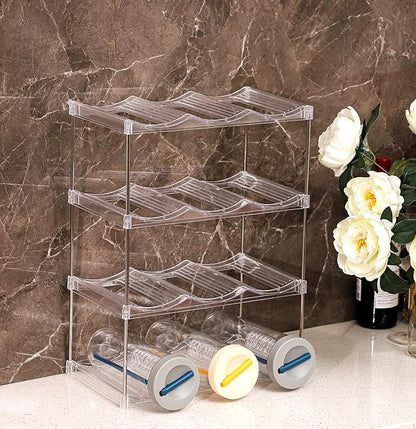 IEEK Plastic Stackable Bottle Storage Holder Rack,Free-Standing Water Bottle/Wine and Drink Organizer Shelf for Kitchen Cabinet,Fridge,Countertop,Pantry,Freezer,2 TiersX3 Bottles,Clear