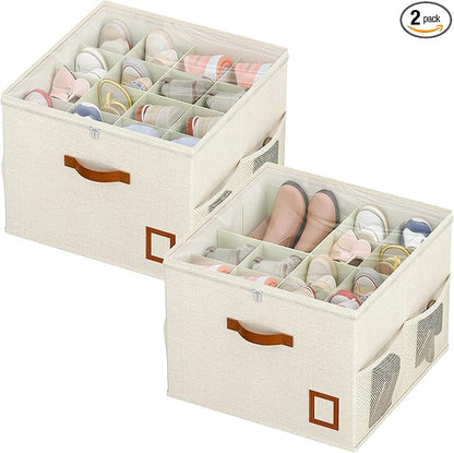 Shoe Organizer for Closet, 2 Pack Foldable Shoe Storage Organizer Box with Adjustable Dividers and Clear Cover, Space Saving Shoe Box with Reinforced Handles, Fits 16-32 Pairs, White+Green