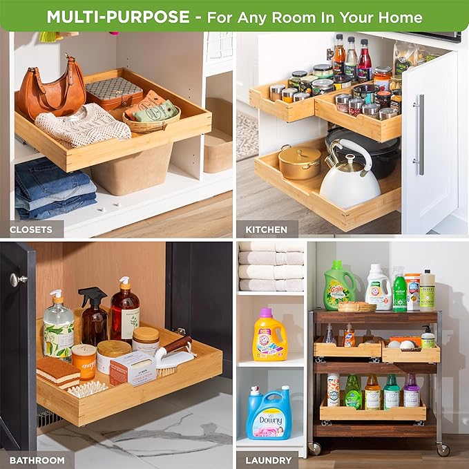 HOLDN’ STORAGE Bamboo Wooden Pull out Cabinet Organizer. 22" W x 21" D - Requires At Least a 23.25" W x 21" D. Cabinet Opening. W/Lifetime Limited Warranty. Bamboo Tray and Heavy gauge metal rails