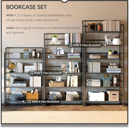 4NM No Assembly Extra Wide 4 Tiers Folding Bookshelf Storage Shelves Vintage Bookcase Standing Racks Study Organizer Home Office (All Black)