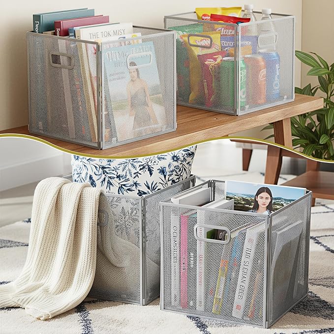 2 Pcs Foldable Metal Cube Storage Baskets 13x13 Kitchen Wire Baskets Stackable Mesh Laundry Organizer Bin with Handles for Shelves Kitchen Pantry Cabinets Closet Food (Gray)