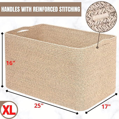 MINTWOOD Design 112L Extra Large Blanket Basket Holder Living Room, 25"x17"x16" Rectangle Rope Woven Storage Basket with Handles for Laundry, Towels, Shoes, Dog Toy Organizer Bin Box, Oatmeal Brown