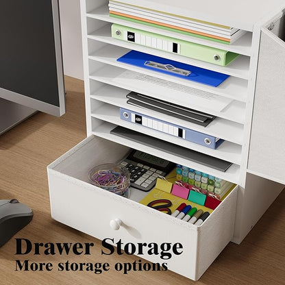 Wooden 12X12 Scrapbook Paper Organizer,7 Tier Adjustable Desktop File sorter with drawer,Craft&Stamp Cardstock Storage with Side Pocket&Name Slots for classroom,home offce，White