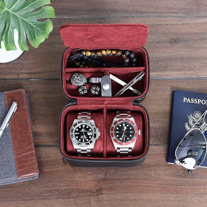 ROTHWELL Gift Set 6 Slot Leather Watch Box and 2 Watch Travel Case - Luxury Case Organizer, Microsuede Liner, Locking Mens Jewelry Watches Holder, Storage Boxes Glass Top (Black/Red Gift Set)