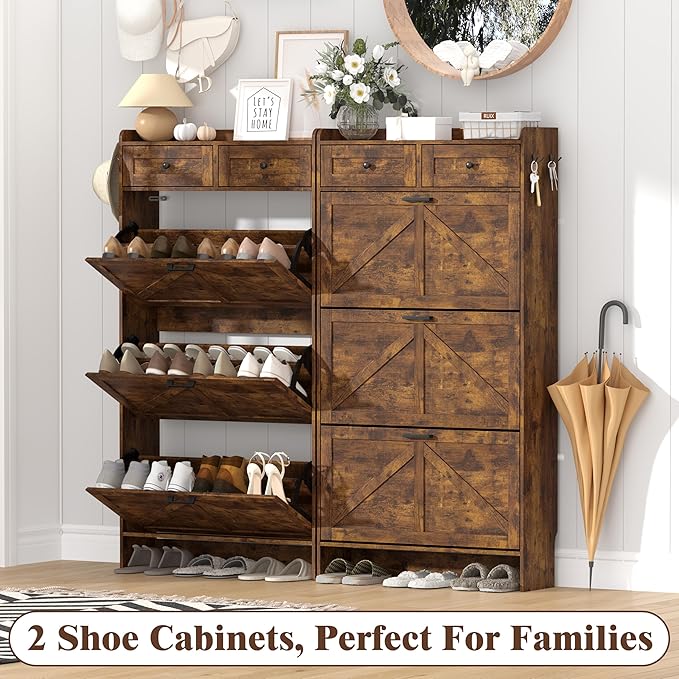 Shoe Cabinet with 3 Flip Drawers & 2 Storage Drawers, Rustic Farmhouse Narrow Shoe Organizer Cabinet, Slim Shoe Rack Cabinet, Shoe Storage Cabinet for Entryway, Hallway, Front Door