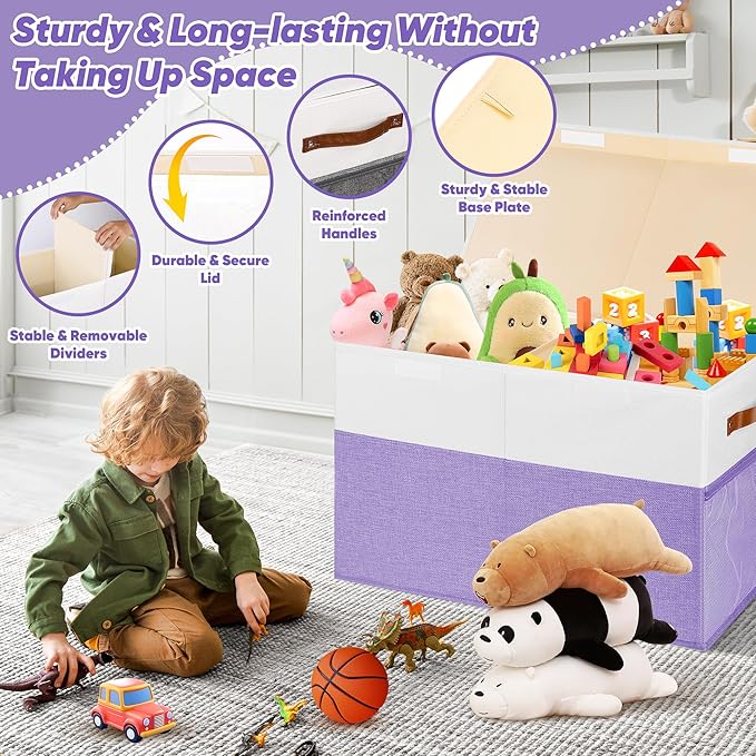 Large Toy Box, Collapsible Sturdy Storage Chest With Lids, Kids Toy Chest Storage Organizer Toddler Bin Boxes for Living Room, Bedroom, Nursery, 25"x13"x16", Purple & White