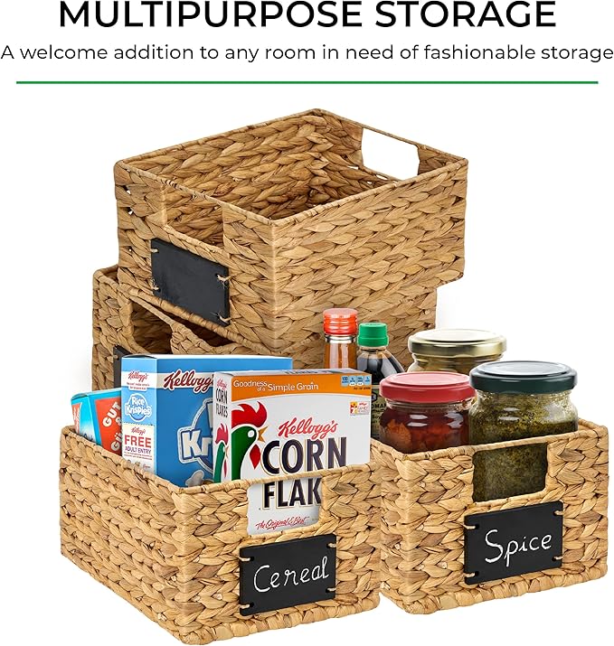 BARIEN 6 Pcs 12" x 9" x 6" Natural Water Hyacinth Woven Storage Baskets, Rectangular Wicker Basket with Built-in Handles, Woven Cube Storage Bin with Chalkboard Label Chalk Marker (Natural - Set of 6)