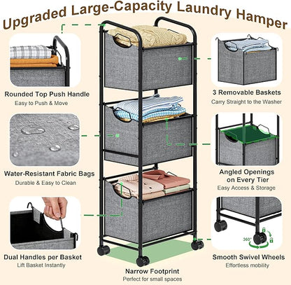 110L Vertical Rolling Laundry Basket Organizer with Wheel, 3-Tier Dirty Clothes Laundry Hamper, 3-Section Laundry Sorter Cart, Portable Laundry Baskets for Small Space, Dorm, Laundry, Closet, Bathroom