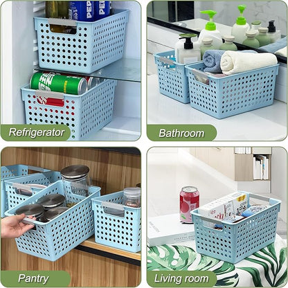 Soddeph 4 Pack Plastic Storage Basket with Handles, Small Deep Organizer Bin with Hollow Design for Under Counter, Shelf, Closet, Kitchen or Bathroom (Blue, Small)