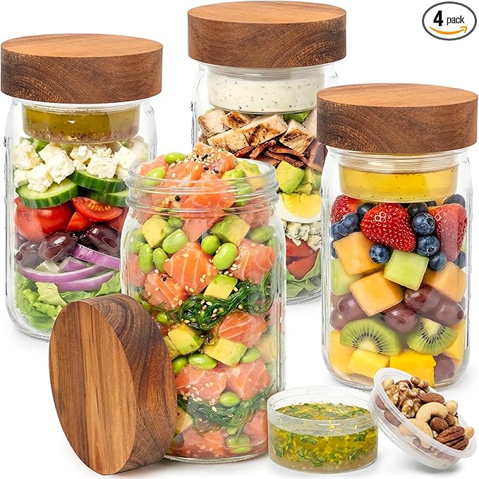 4 Pack Glass Salad Jars Pod with Wooden Lids for Meal Prep, Leakproof Container with Two Small Built in Cups for Wet/Dry Separation for Salad Dressing and Ingredients, 32oz Mason Jars