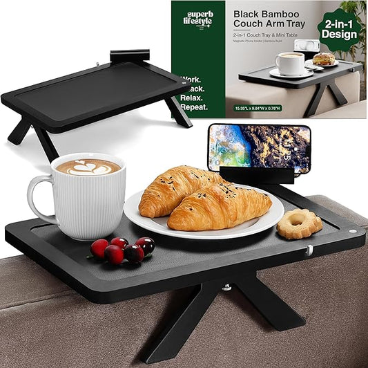 Black Bamboo Couch Armrest Table – Fits Sofa Arms up to 8.8" Wide, 2-in-1 Adjustable Couch Arm Tray with 360° Rotating Phone Holder, Wire Holder & Non-Slip Mat – Sofa Tray for Snacks & Drinks