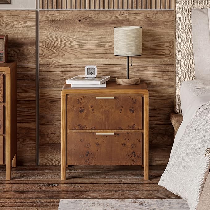COZAYH Farmhouse Nightstand Set of 2 with 2 Drawer, Distressed Wood Rustic Accent Bedside Table, Burl Finish Side Table for Bedroom, Entryway, Fully Assembled, Brown