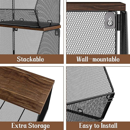 Stackable Fruit Basket for Kitchen Countertop Space Saving, Wall Mounted Mesh Metal Wire Baskets with Wood Lid Extra Storage, 2 Pack Kitchen Counter Organizer for Snack, Onion and Potato Storage