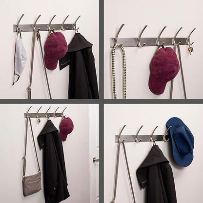 BIRDROCK HOME Premium 5-Hook Stainless Steel Coat and Hat Rack for Wall - Front Door Organizer - Mounted Hanger for Jackets, Clothes, Hats, Towel - Silver Dual Hooks - Brushed Nickel Finish