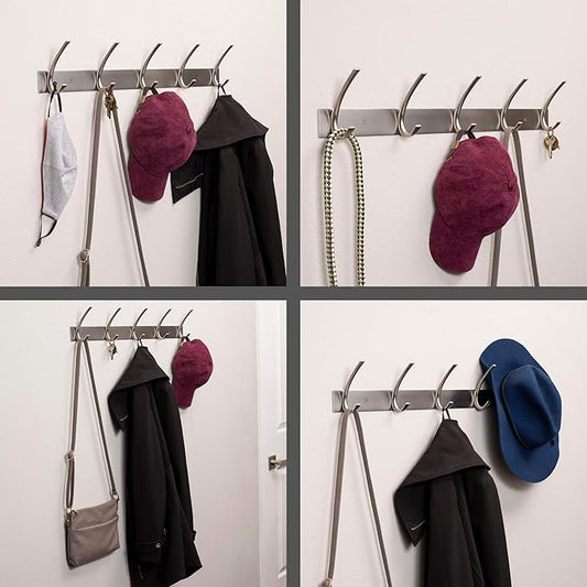 BIRDROCK HOME Premium 5-Hook Stainless Steel Coat and Hat Rack for Wall - Front Door Organizer - Mounted Hanger for Jackets, Clothes, Hats, Towel - Silver Dual Hooks - Brushed Nickel Finish