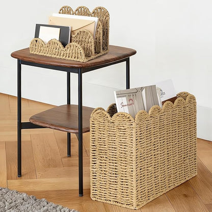 AELS Hand Woven Scalloped Basket Set of Mail Organizer and Magazine Holder, Coastal Style Mail Holder and Floor Magazine Rack, Boho Modern Farmhouse Book Basket Newspaper Bill Mail Sorter for Office