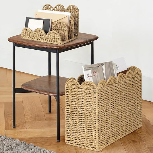 AELS Hand Woven Scalloped Basket Set of Mail Organizer and Magazine Holder, Coastal Style Mail Holder and Floor Magazine Rack, Boho Modern Farmhouse Book Basket Newspaper Bill Mail Sorter for Office