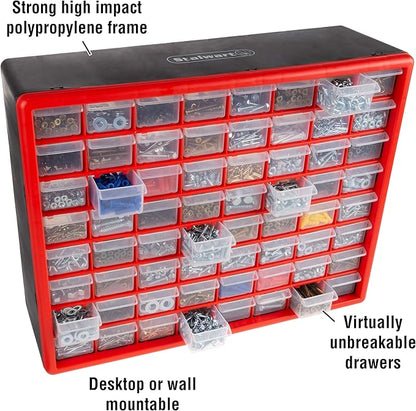 64-Drawer Storage Organizer - Plastic Drawers for Organization - Desktop or Wall-Mounted Container for Hardware, Tools, and Beads by Stalwart (Red)